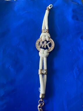 Michael Kors White Leather Logo Bracelet with Gold-Tone and Crystals